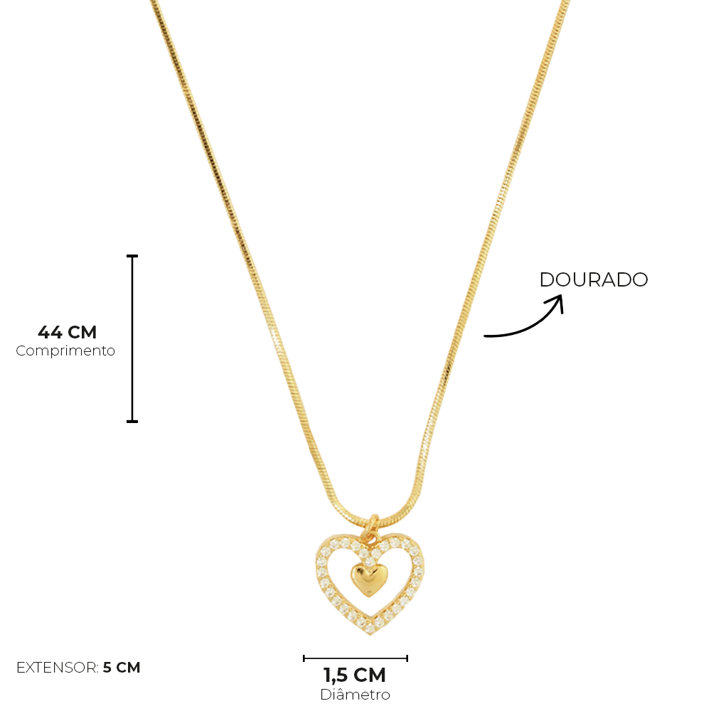 Conjunto Semijoia Coracao Cravejado Dourado Pri Acessorios Dourado 4