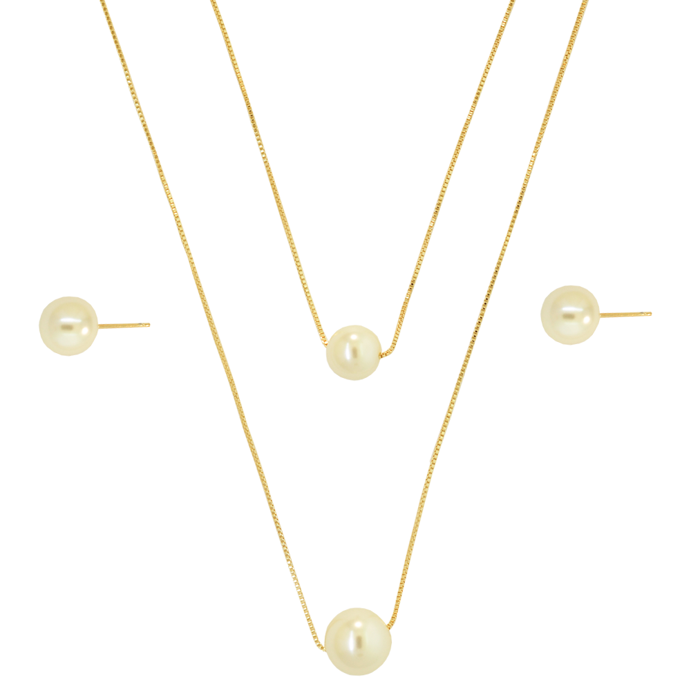 Conjunto Semijoia Duplo Perola Dourado Pri Acessorios