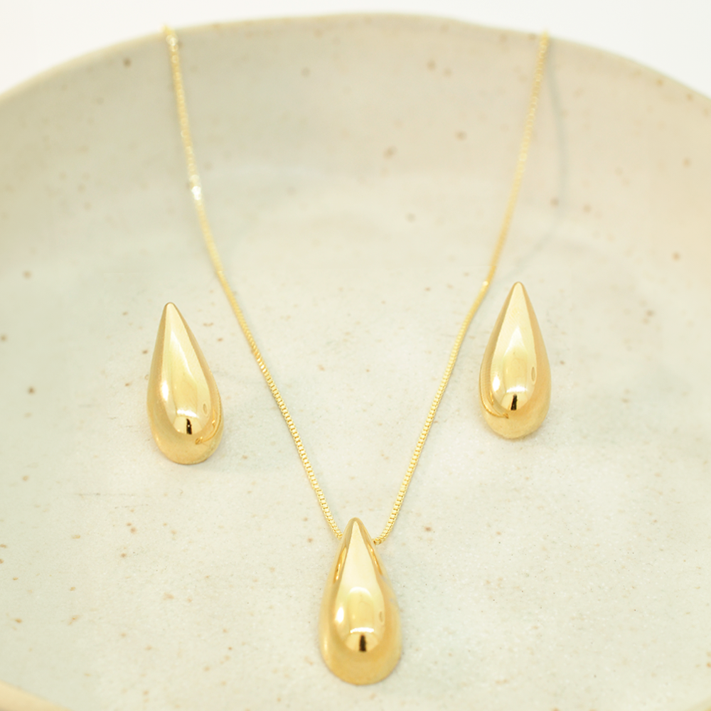 Conjunto Semijoia Gota Metal Dourado Pri Acessorios Dourado 2