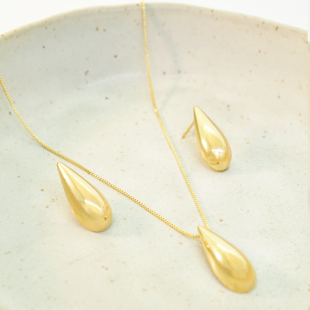 Conjunto Semijoia Gota Metal Dourado Pri Acessorios Dourado 3