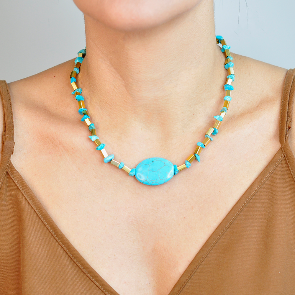 Choker Bijuteria Canutilho e Cascalho Dourado Pri Acessorios Azul 2