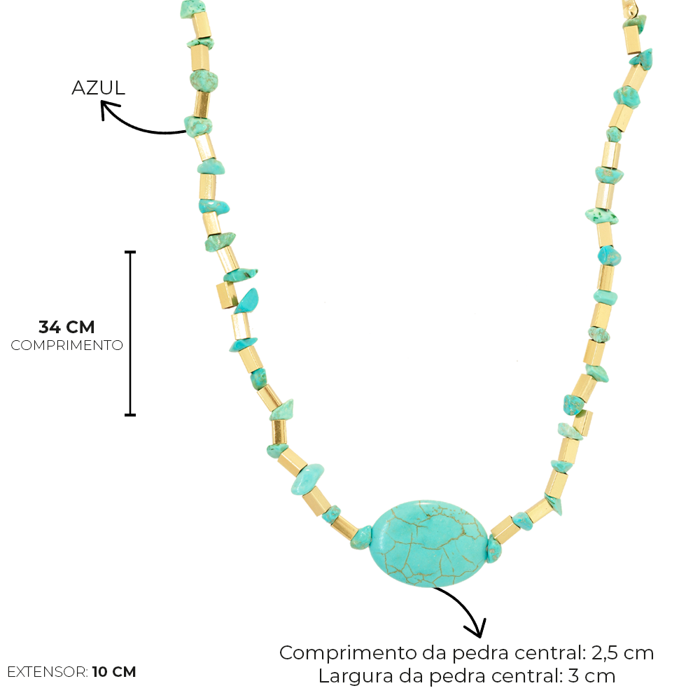 Choker Bijuteria Canutilho e Cascalho Dourado Pri Acessorios Azul 6