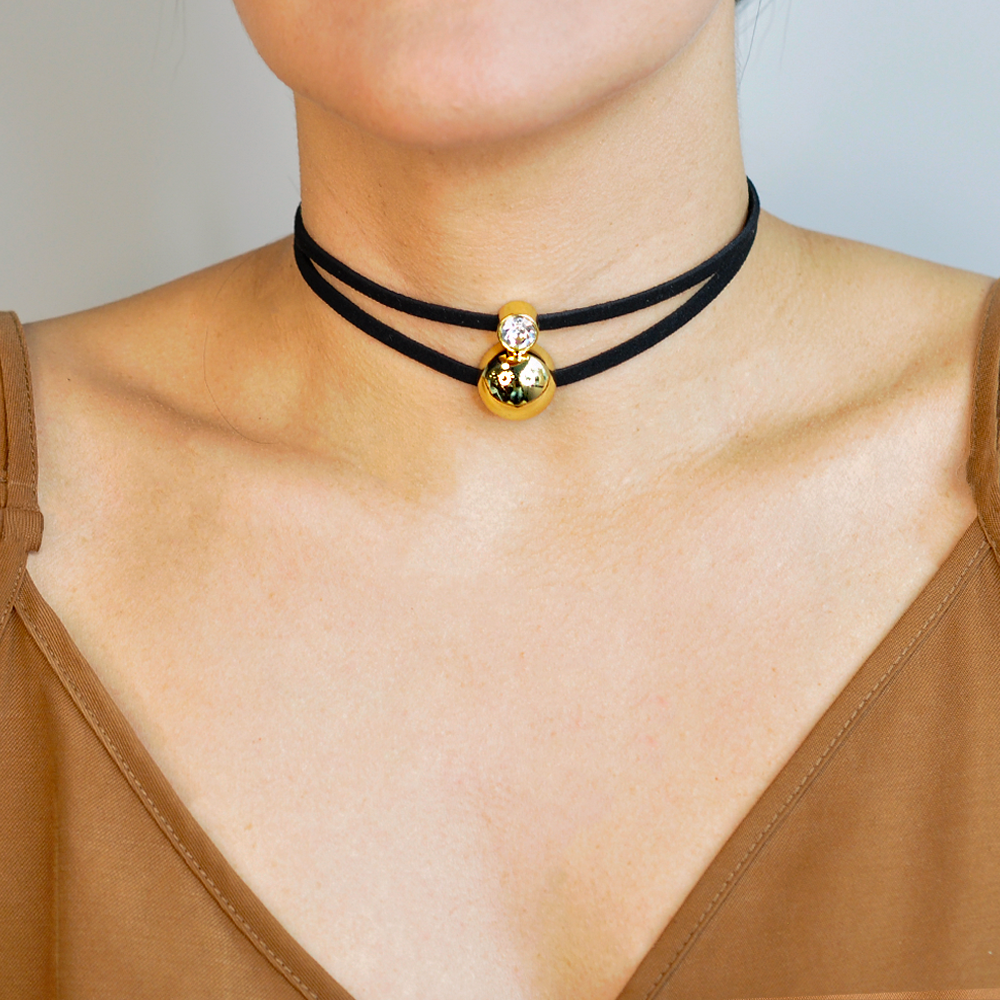 Choker Bijuteria Couro Eco Esfera Dourado Pri Acessorios Preto 1