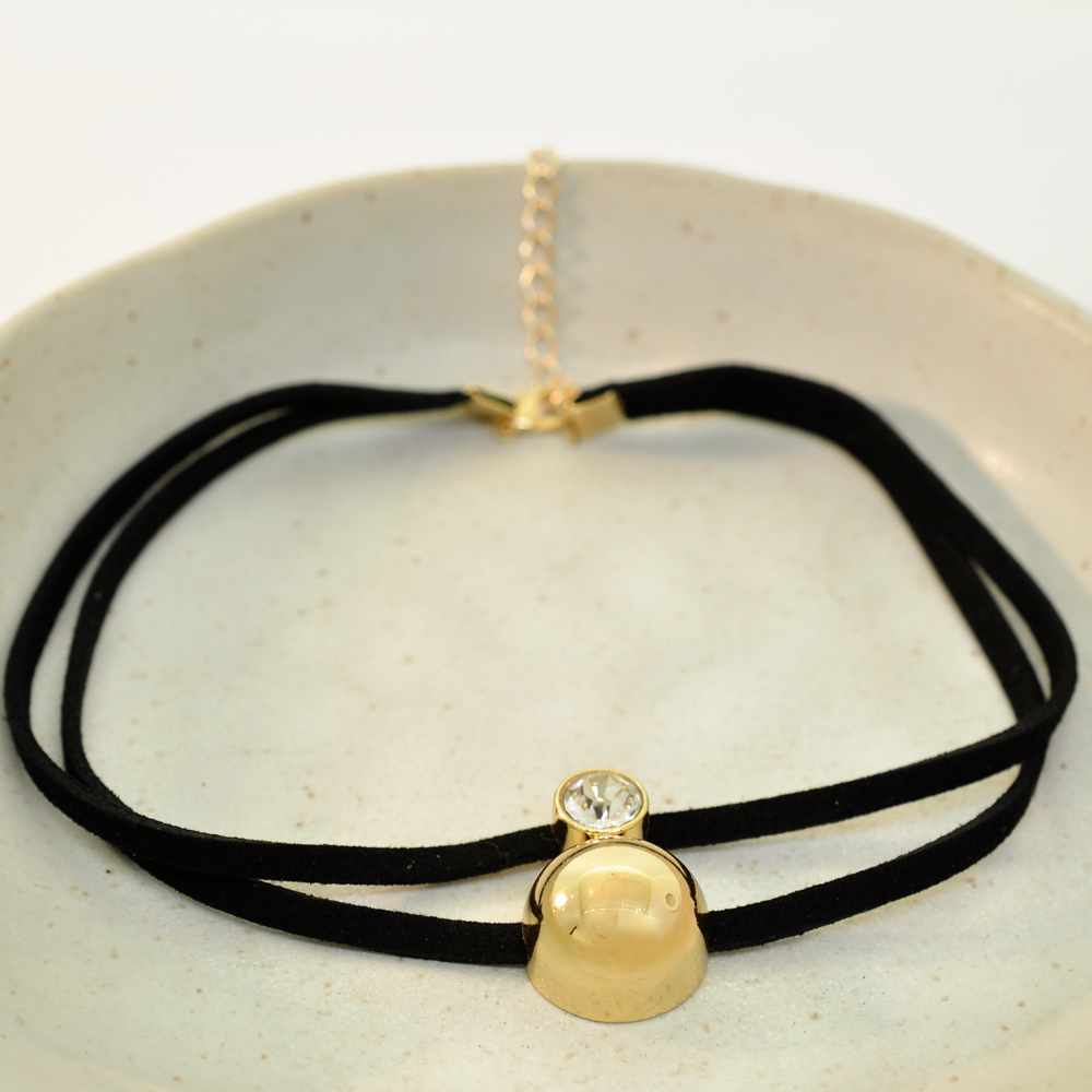 Choker Bijuteria Couro Eco Esfera Dourado Pri Acessorios Preto 2