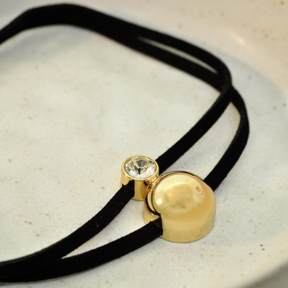 Choker Bijuteria Couro Eco Esfera Dourado Pri Acessorios Preto 3