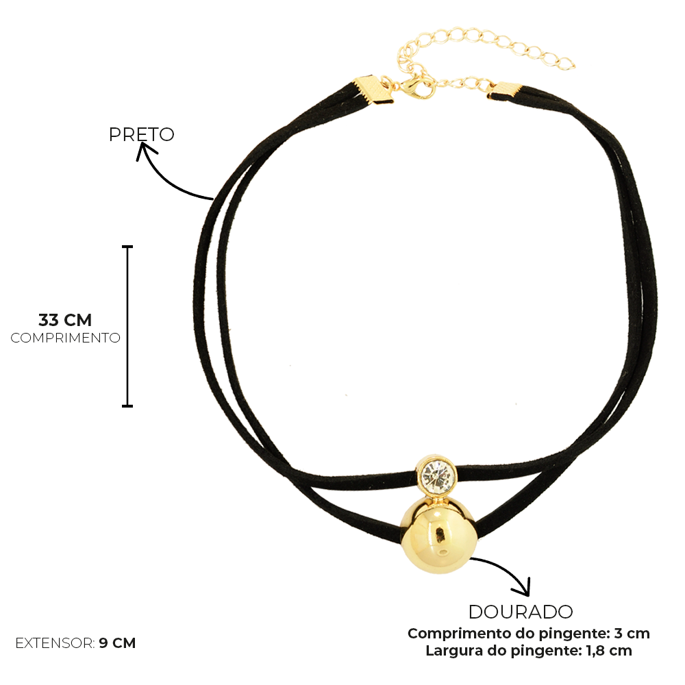 Choker Bijuteria Couro Eco Esfera Dourado Pri Acessorios Preto 5