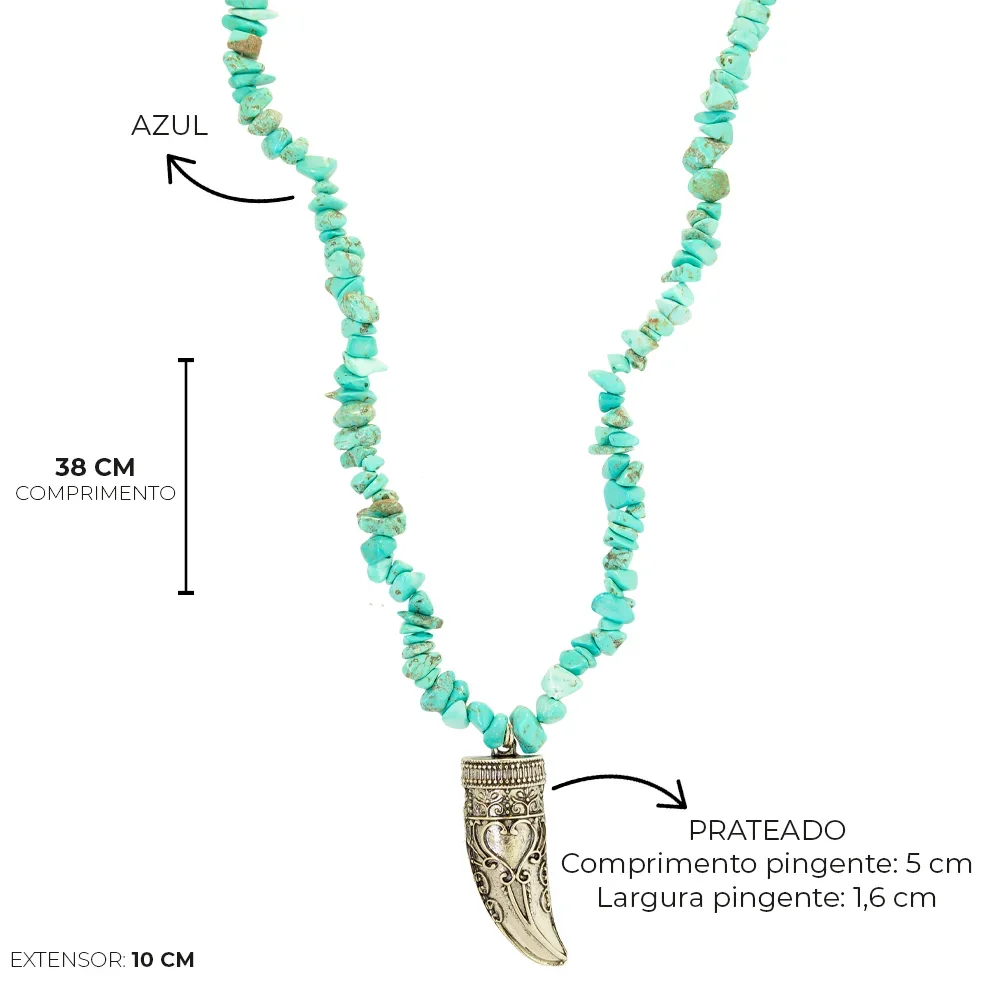 Colar Bijuteria Cascalho e Dente Rodio Pri Acessorios Azul 5