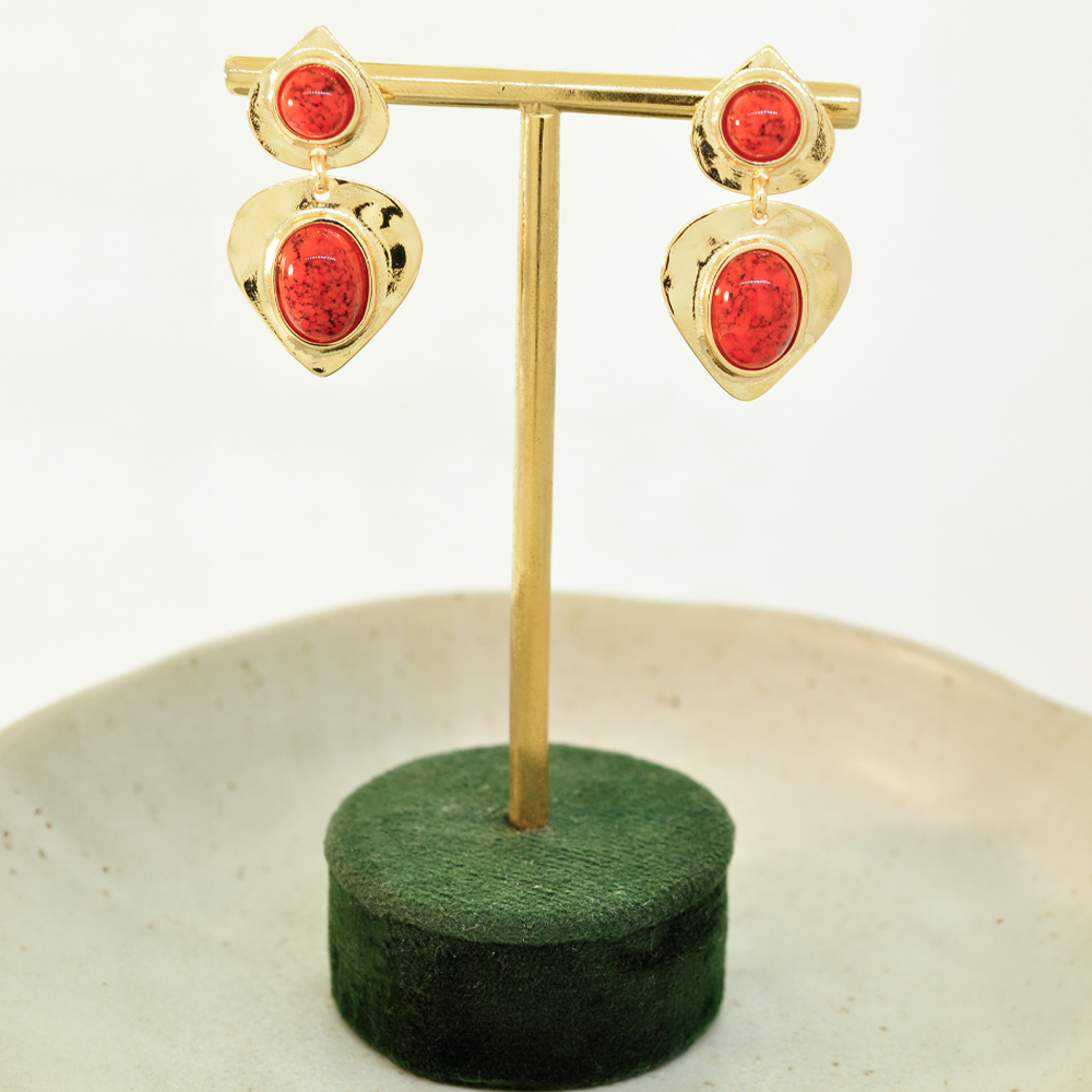 Brinco Bijuteria Pendulo Gota e Oval Dourado Pri Acessorios Vermelho 3