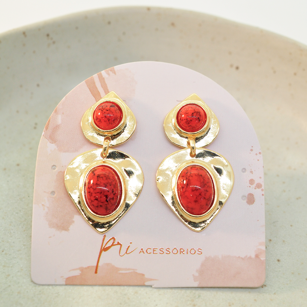 Brinco Bijuteria Pendulo Gota e Oval Dourado Pri Acessorios Vermelho 5