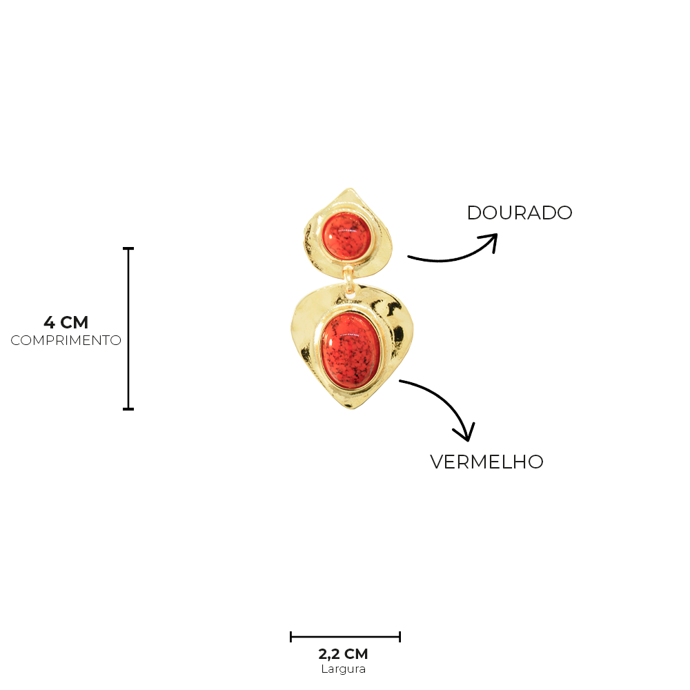 Brinco Bijuteria Pendulo Gota e Oval Dourado Pri Acessorios Vermelho 7