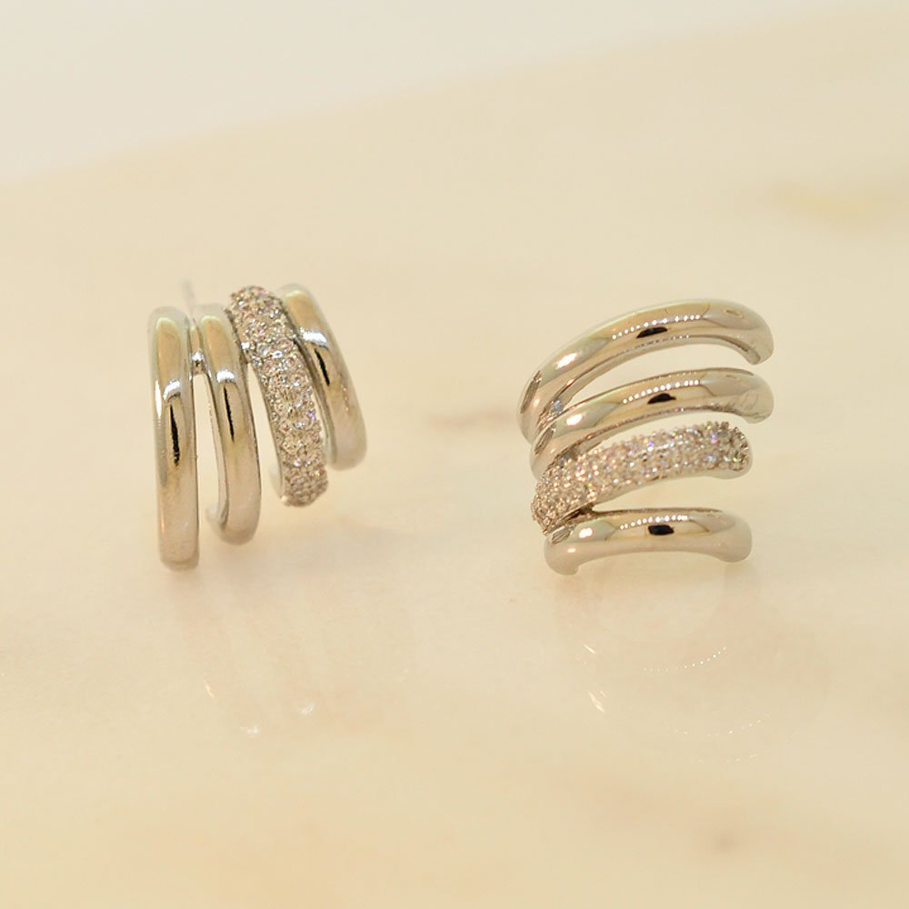 Brinco Semijoia Quatro Vias Liso e Cravejado Pri Acessorios Feminino Prata 2