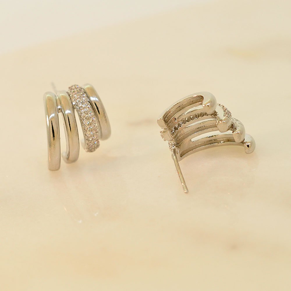 Brinco Semijoia Quatro Vias Liso e Cravejado Pri Acessorios Feminino Prata 3