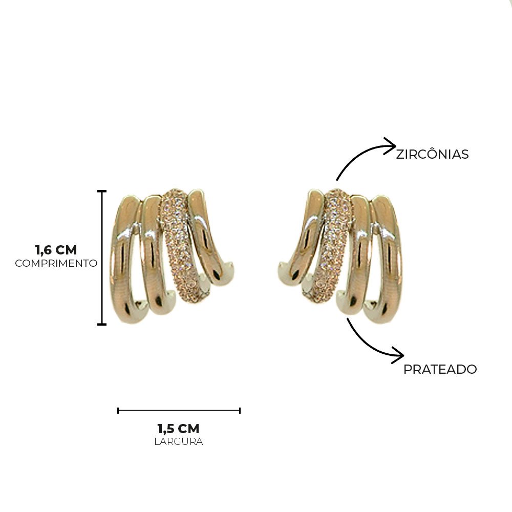 Brinco Semijoia Quatro Vias Liso e Cravejado Pri Acessorios Feminino Prata 6