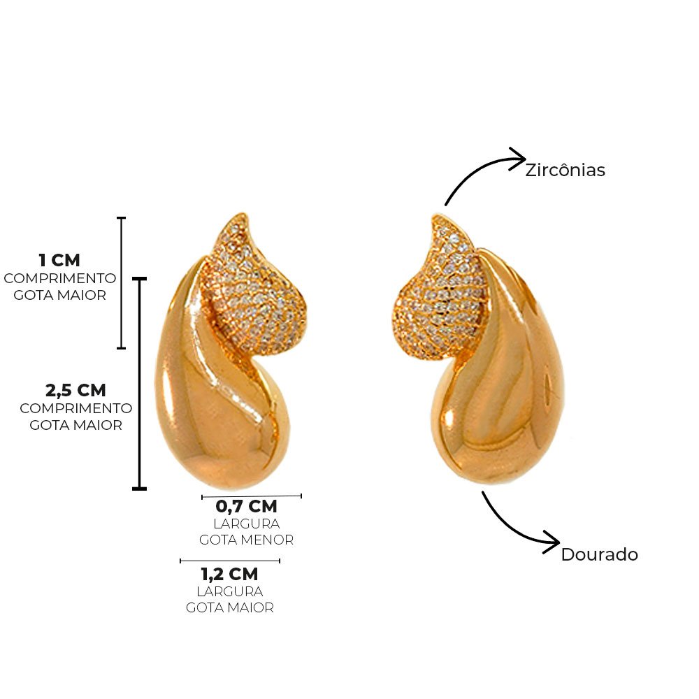 Brinco Semijoia Gota Lisa e Cravejada Pri Acessorios Feminino Dourado 7