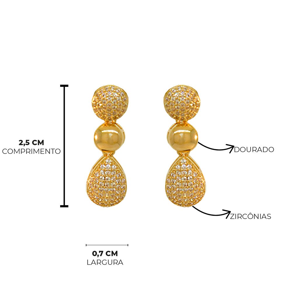 Brinco Semijoia Gota e Redondo Cravejado Pri Acessorios Feminino Dourado 9