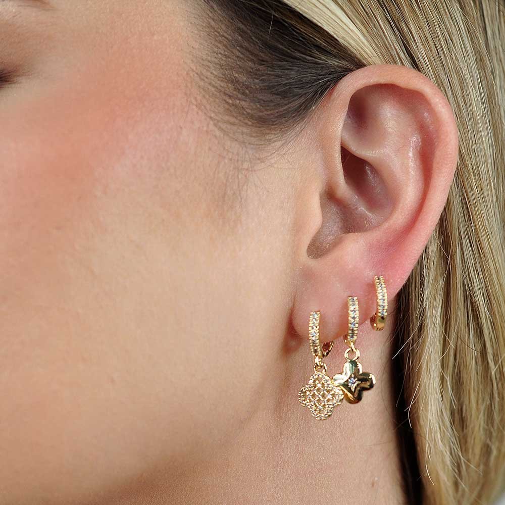 Brinco Trio Argola Trevo Cravejado Dourado e Prateado Feminino