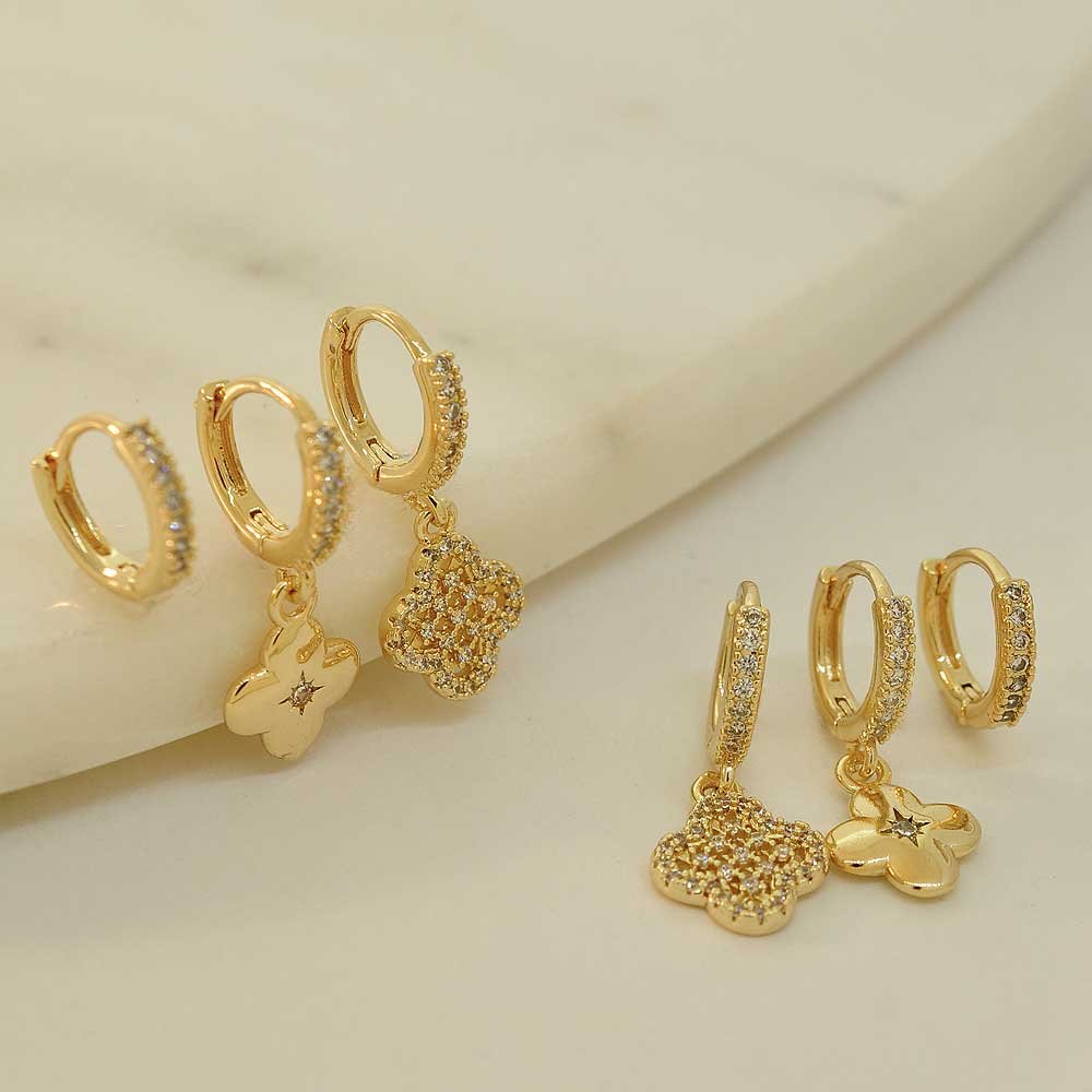 Brinco Trio Argola Trevo Cravejado Dourado e Prateado Feminino Marrom 2