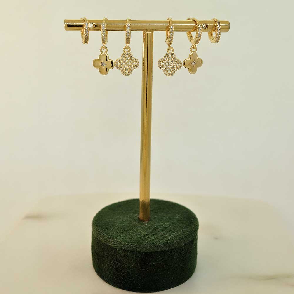 Brinco Trio Argola Trevo Cravejado Dourado e Prateado Feminino Marrom 3