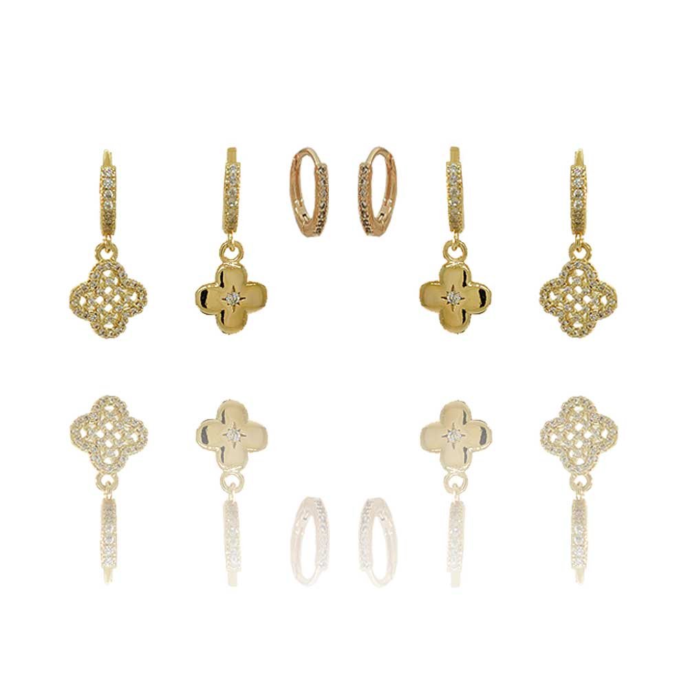 Brinco Trio Argola Trevo Cravejado Dourado e Prateado Feminino Marrom 4