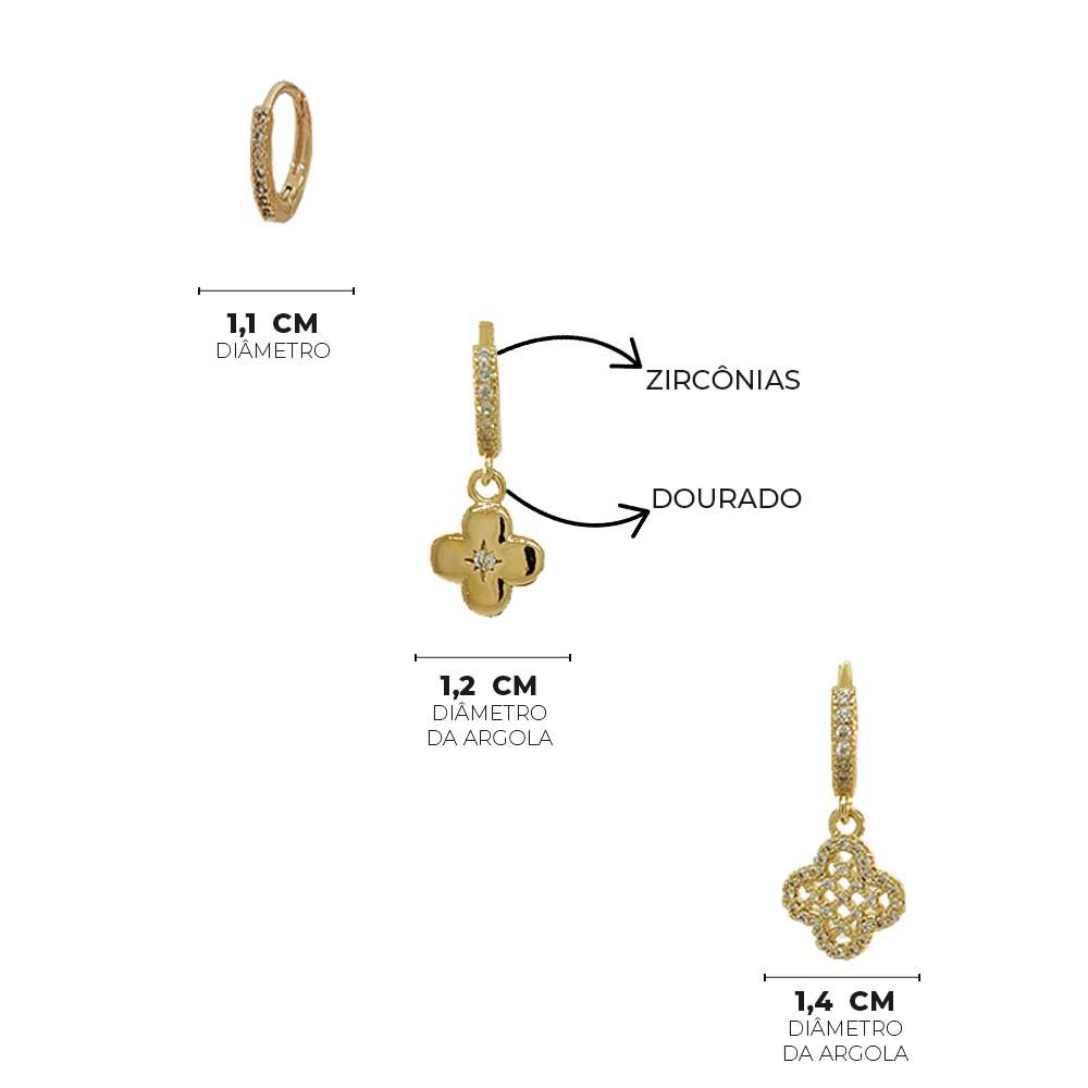 Brinco Trio Argola Trevo Cravejado Dourado e Prateado Feminino Marrom 5
