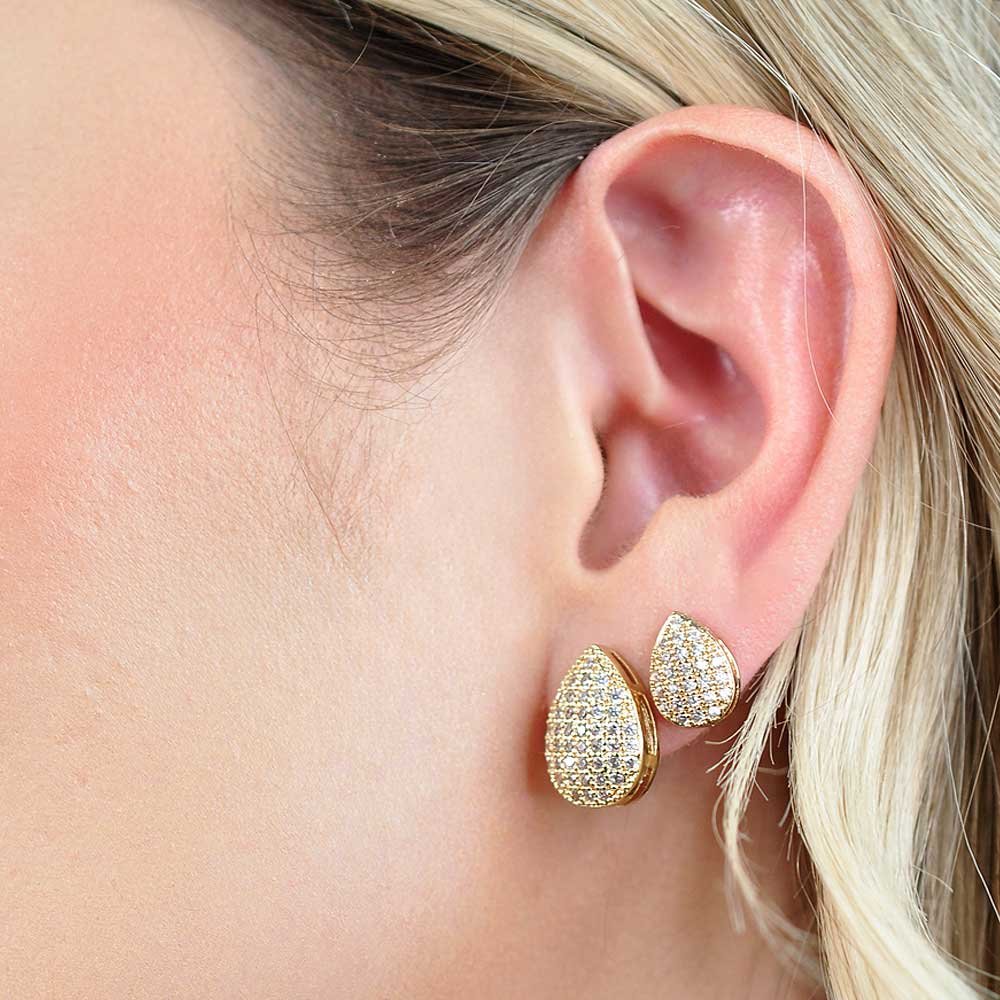 Brinco Dupla Gota Cravejado Banho Ouro 18K Banho Rodio Feminino