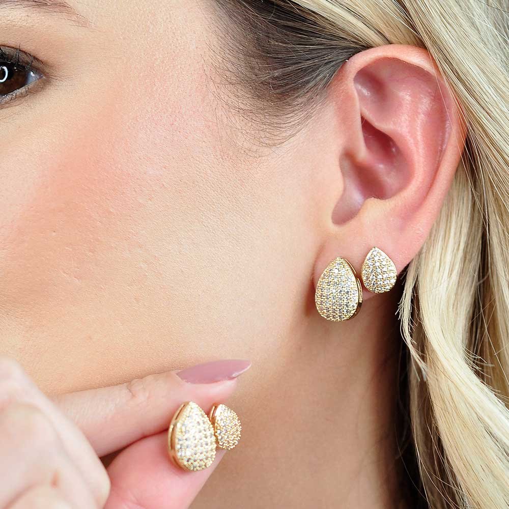 Brinco Dupla Gota Cravejado Banho Ouro 18K Banho Rodio Feminino Dourado 2