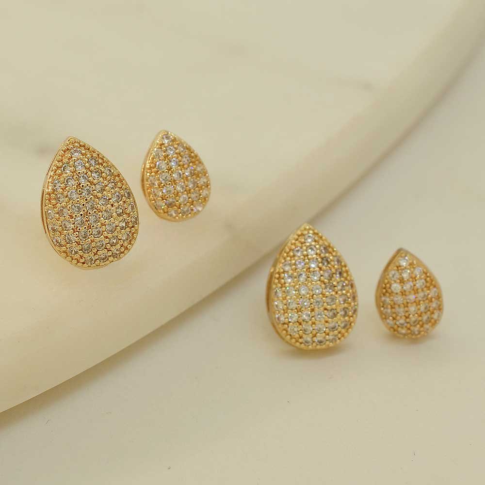 Brinco Dupla Gota Cravejado Banho Ouro 18K Banho Rodio Feminino Dourado 4