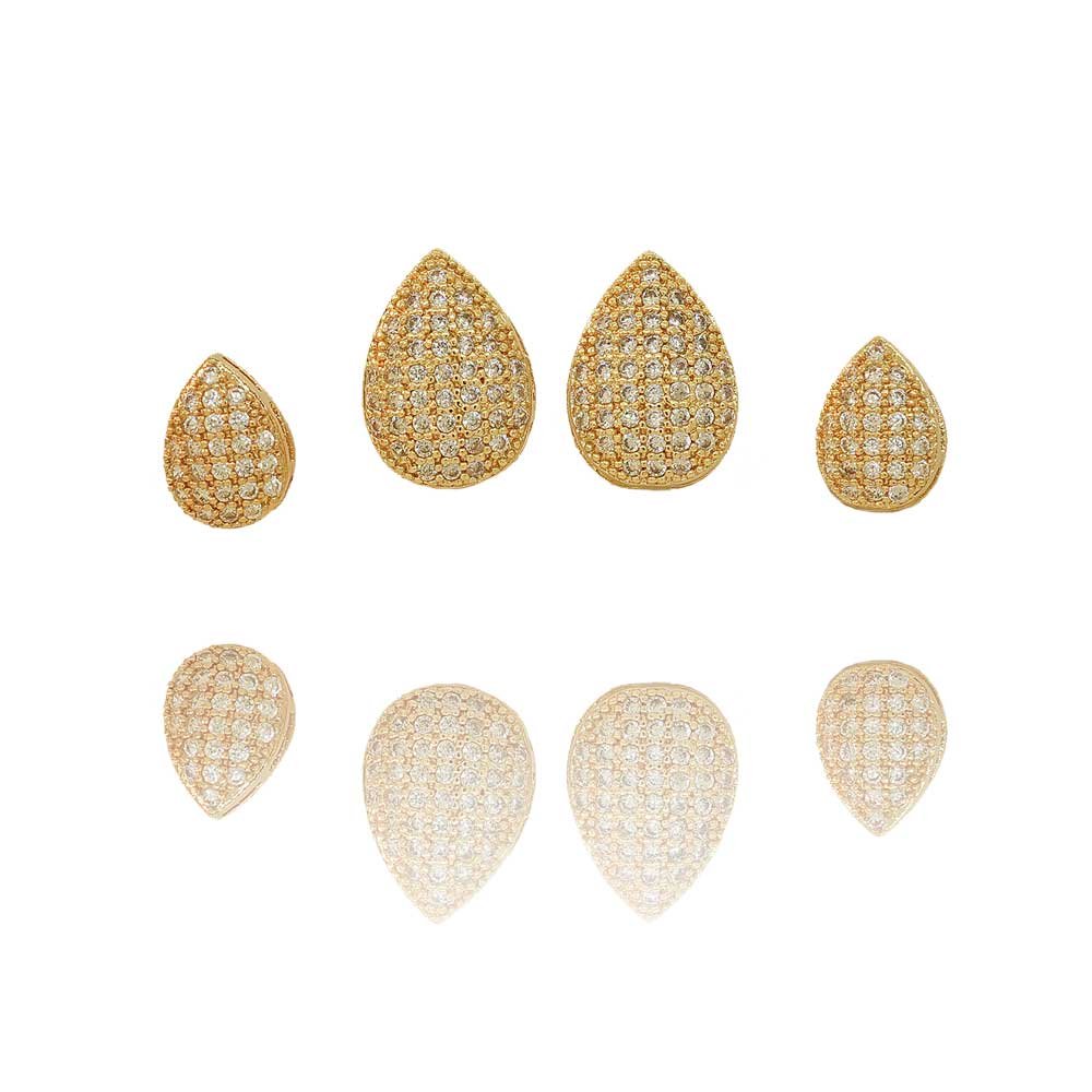 Brinco Dupla Gota Cravejado Banho Ouro 18K Banho Rodio Feminino Dourado 6