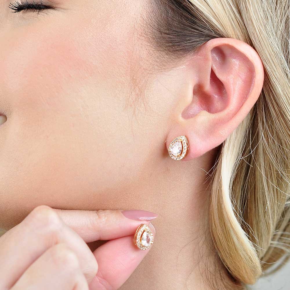 Brinco Gota Cravejada Banho Ouro 18K Banho Rodio Feminino Dourado 3