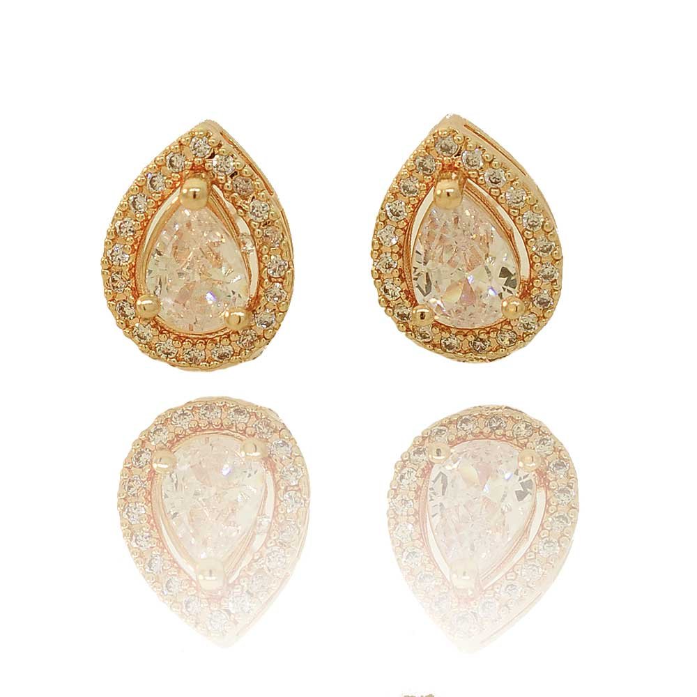 Brinco Gota Cravejada Banho Ouro 18K Banho Rodio Feminino Dourado 6