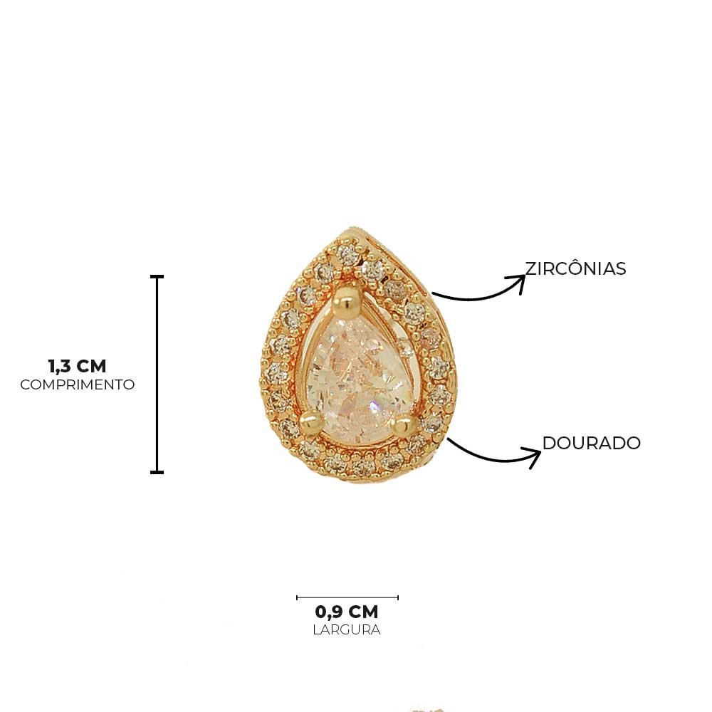 Brinco Gota Cravejada Banho Ouro 18K Banho Rodio Feminino Dourado 7