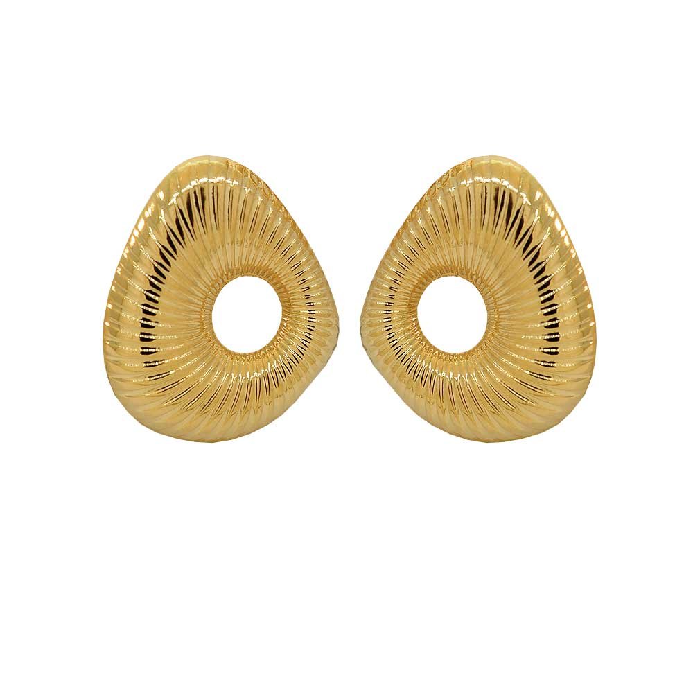 Brinco Gota Vazada Canelada Banho Ouro 18K Feminino Dourado 6