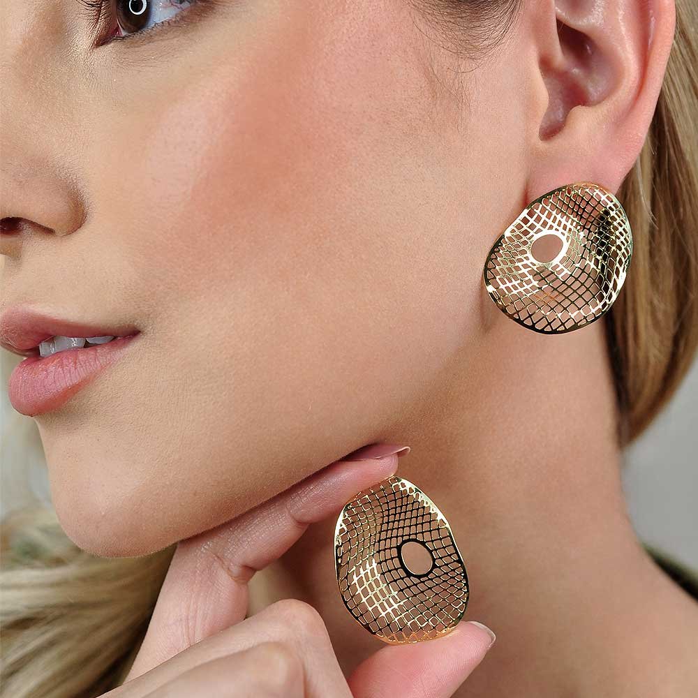 Brinco Organico Vazado Banho Ouro 18K Feminino Dourado 3