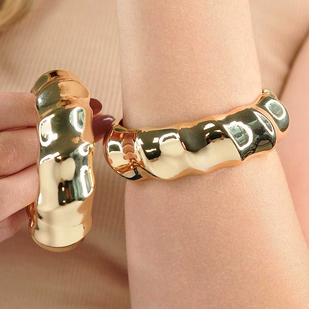 Bracelete Ondulado Liso Dourado Prateado Feminino Dourado 5