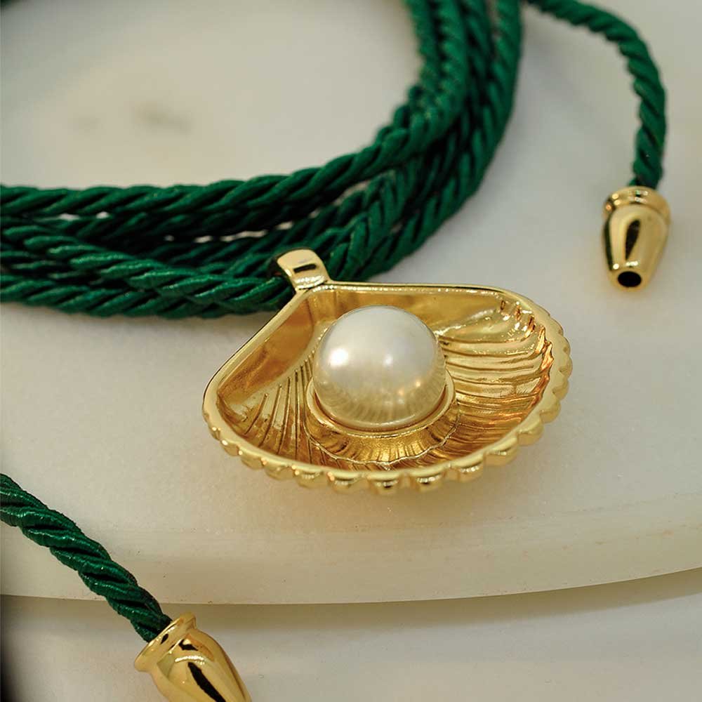Colar  Almare Cordao Concha Perola Dourado Feminino Verde 2
