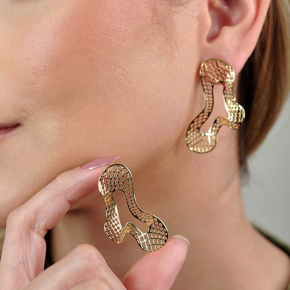 Brinco Organico Vazado Banho Ouro 18K Feminino Dourado 3