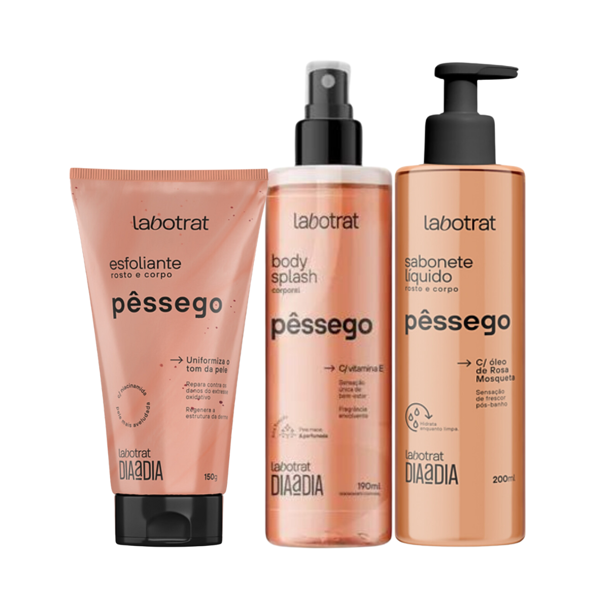 Labotrat Dia a Dia Pêssego Esfoliante 150ml + Body Splash + Sabonete 100ml 1