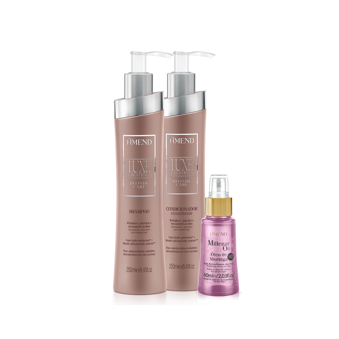 Amend Luxe Creations Blonde Care Shampoo 250ml + Condicionador 250ml + Millenar Oil Moringa 60ml ÚNICO 1