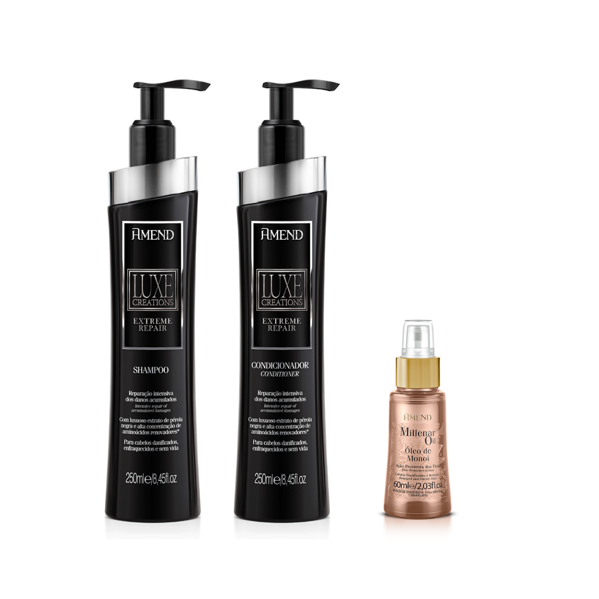 Amend Luxe Creations Extreme Repair Sh 250ml + Cond 250ml + Millenar Oil Monói 60ml ÚNICO 1