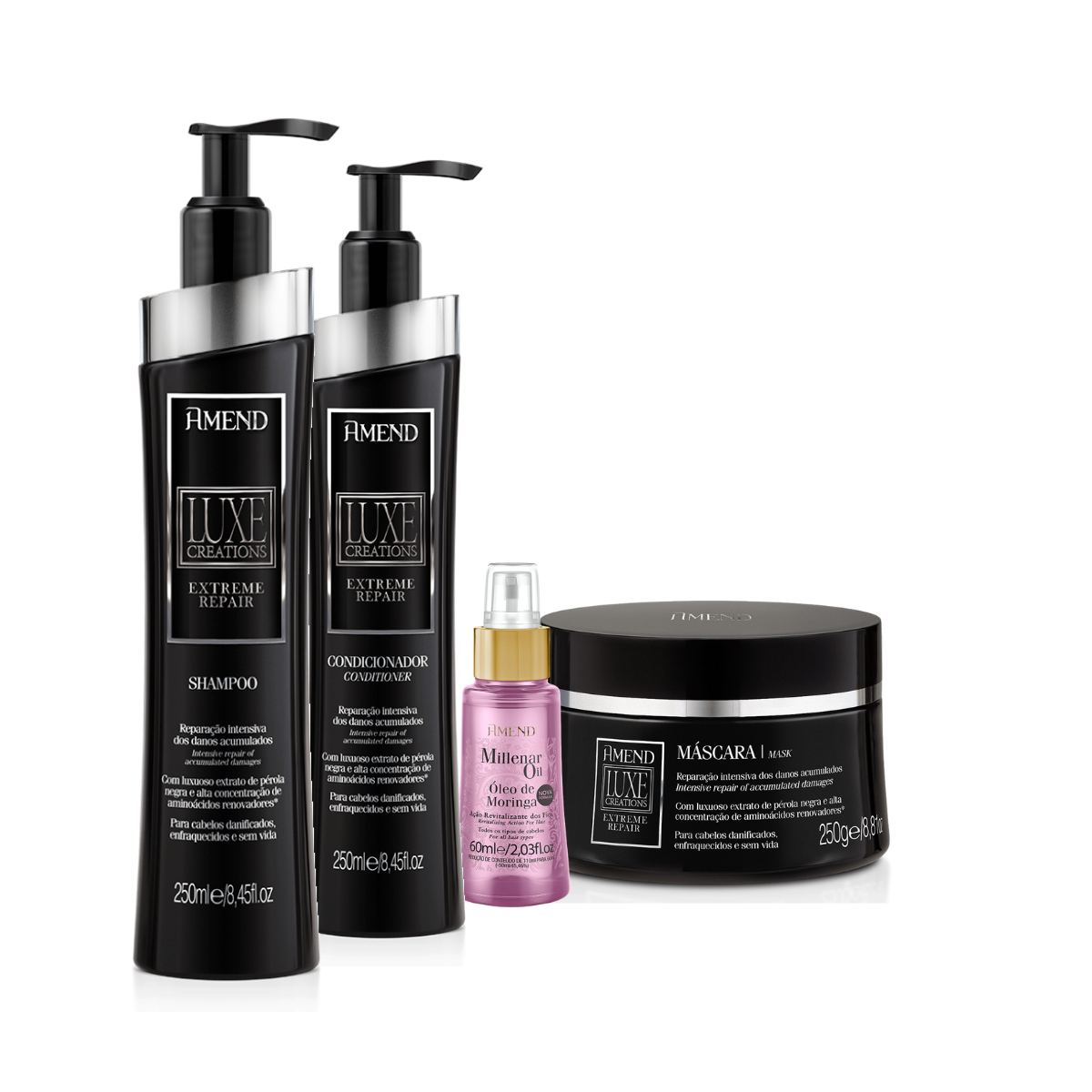 Amend Luxe Creations Extreme Repair Sh 250ml + Cond 250ml + Masc 250ml + Millenar Oil Moringa 60ml ÚNICO 1