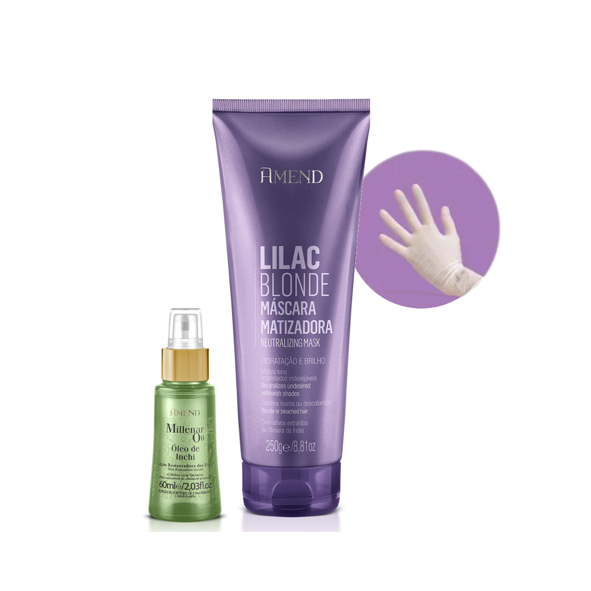 Amend Mascara Matizadoras Lilac Blonde 250ml + Millenar Oil Inchi 60ml + Luva