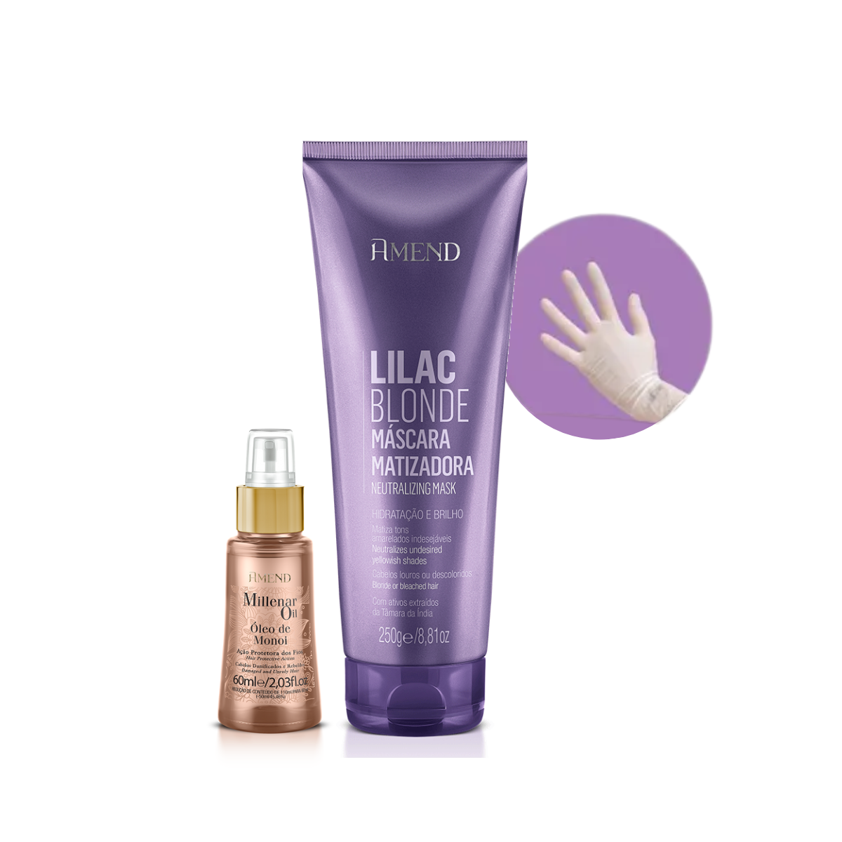 Amend Mascara Matizadoras Lilac Blonde 250ml + Millenar Oil Monói 60ml + Luva ÚNICO 1