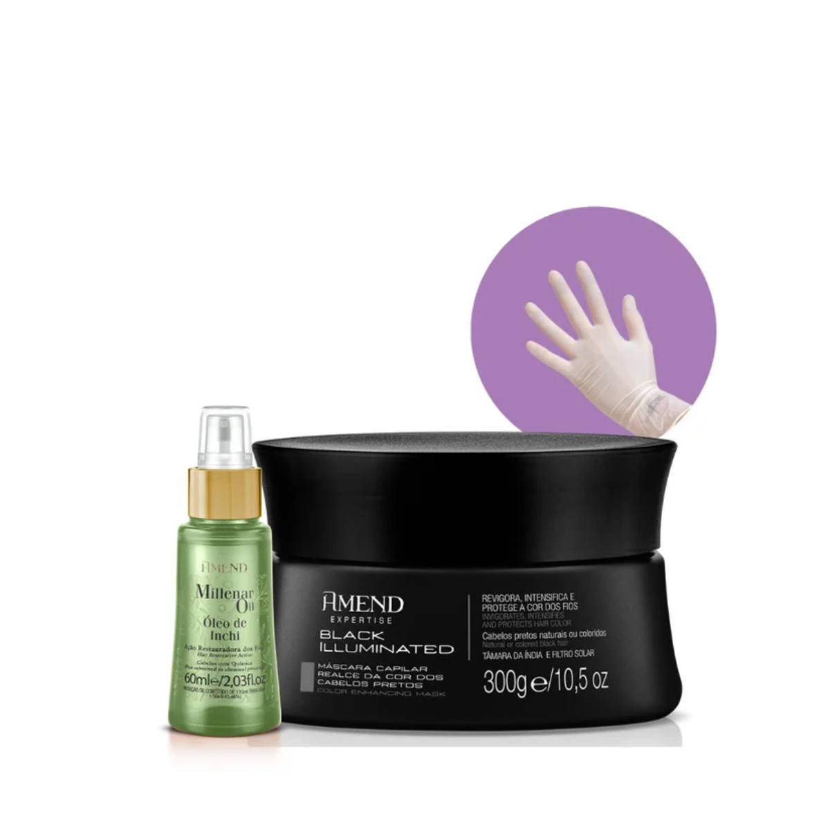 Amend Realce da Cor Mascara Matizadora Black Illuminated 300ml + Millenar Oil Inchi 60ml + Luva