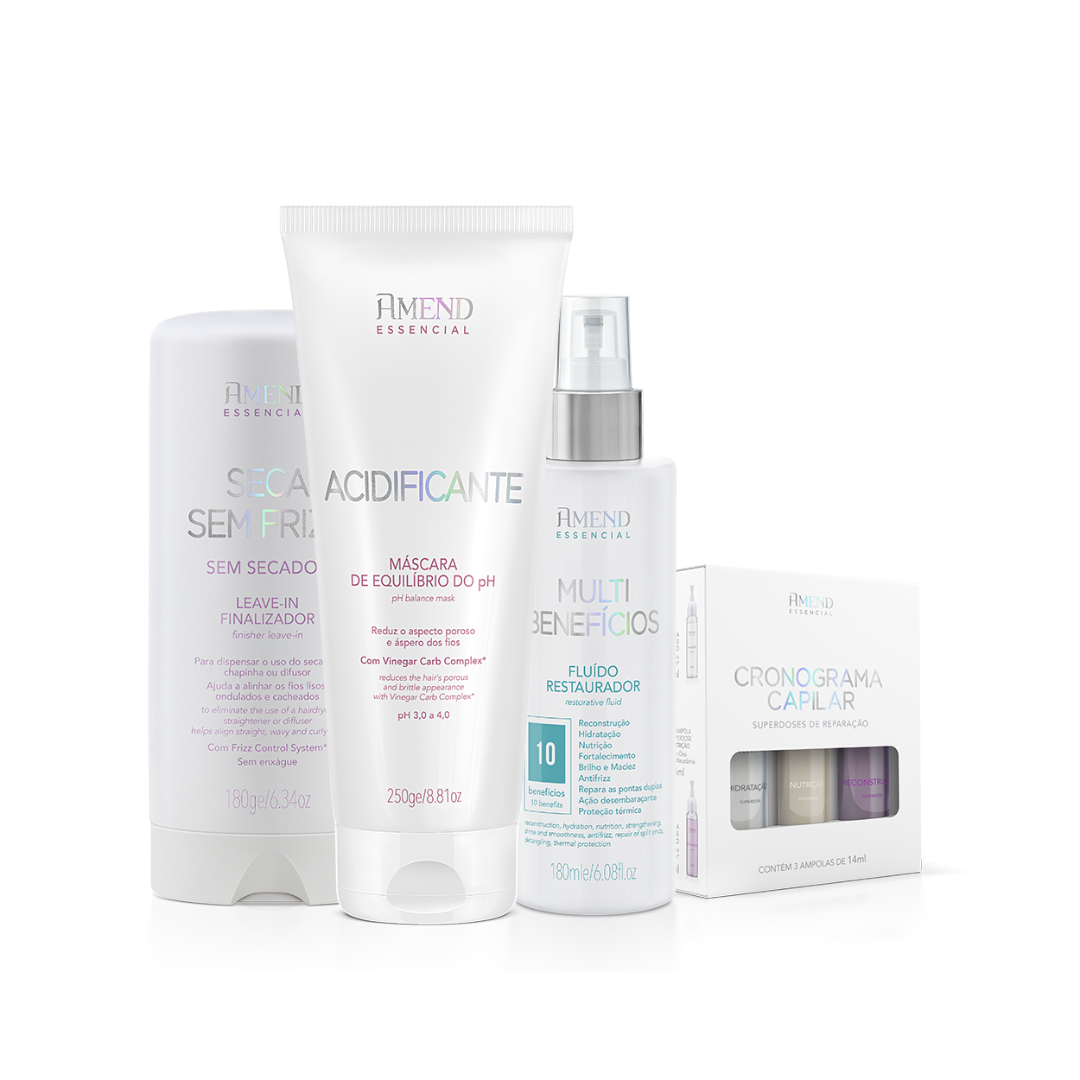 Amend Essencial Fluído Multi Benefícios 180ml + Leave-in Seca Sem Frizz 180ml + Mascara Acidificante 250ml + Ampola Kit Cronograma 3x10ml ÚNICO 1