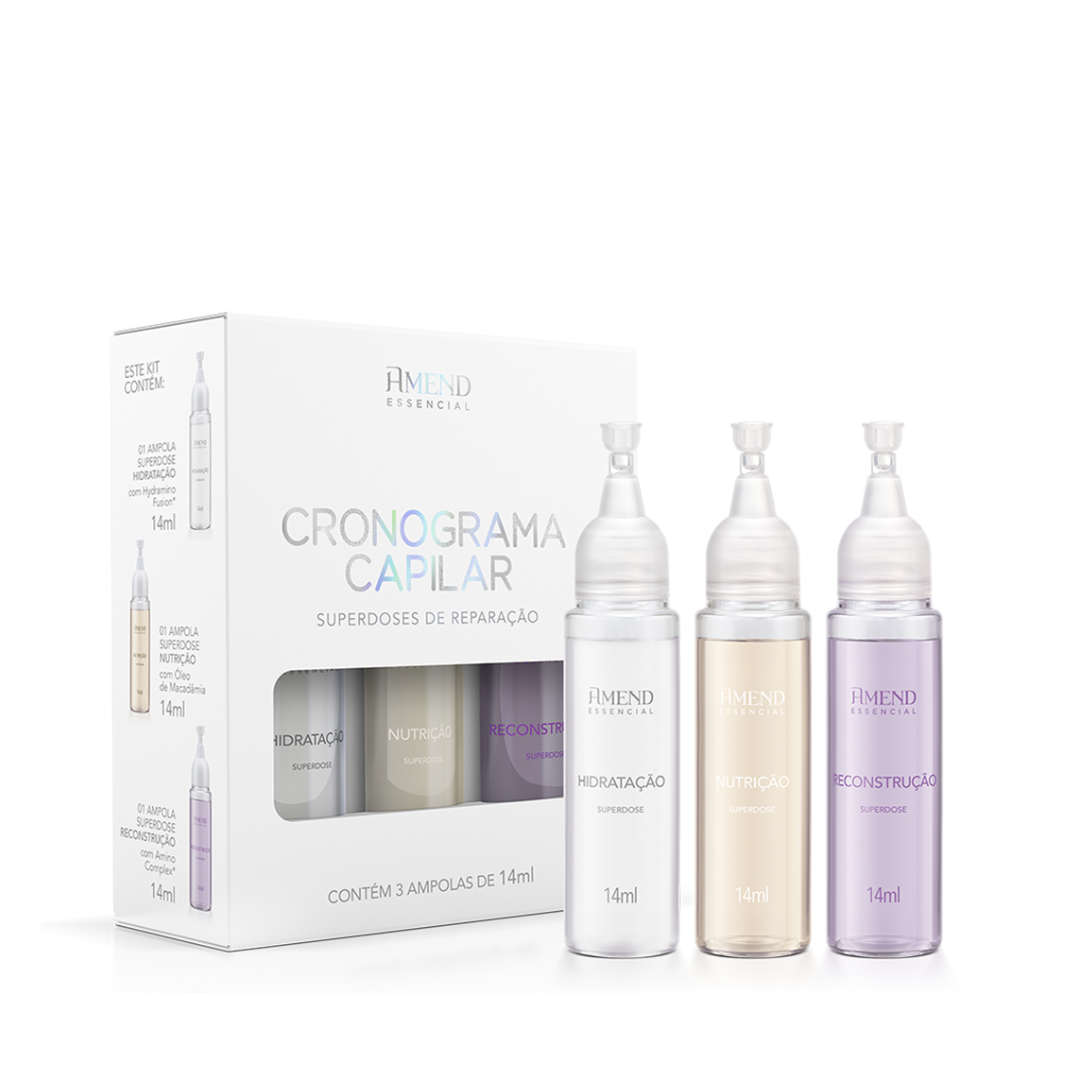Amend Essencial Fluído Multi Benefícios 180ml + Leave-in Seca Sem Frizz 180ml + Mascara Acidificante 250ml + Ampola Kit Cronograma 3x10ml ÚNICO 4