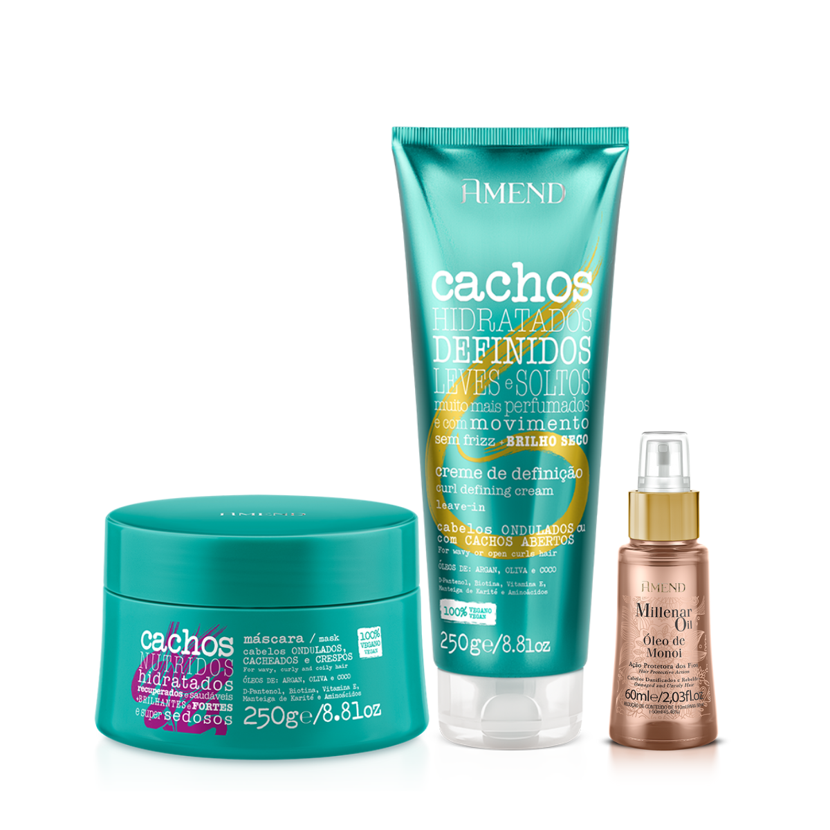 Amend Cachos Masc 250ml + Leave-in Ondulado 250ml + Millenar Oil Monói 60ml ÚNICO 1