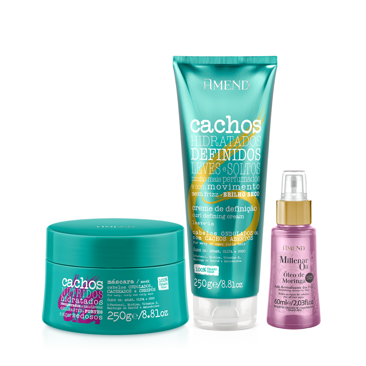 Amend Cachos Masc 250ml + Leave-in Ondulado 250ml + Millenar Oil Moringa 60ml ÚNICO 1