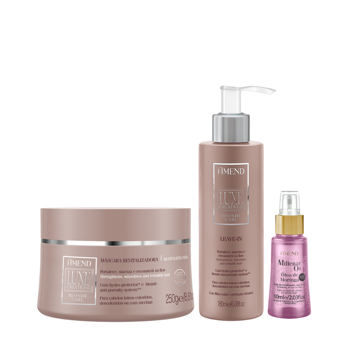 Amend Luxe Creations Blonde Care Masc 300ml + Leave-in 180ml + Millenar Oil Moringa 60ml ÚNICO 1