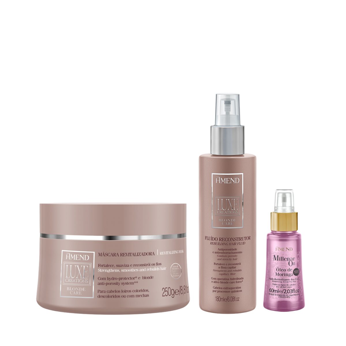 Amend Luxe Creations Blonde Care Masc 300ml + Fluído 180ml + Millenar Oil Moringa 60ml ÚNICO 1