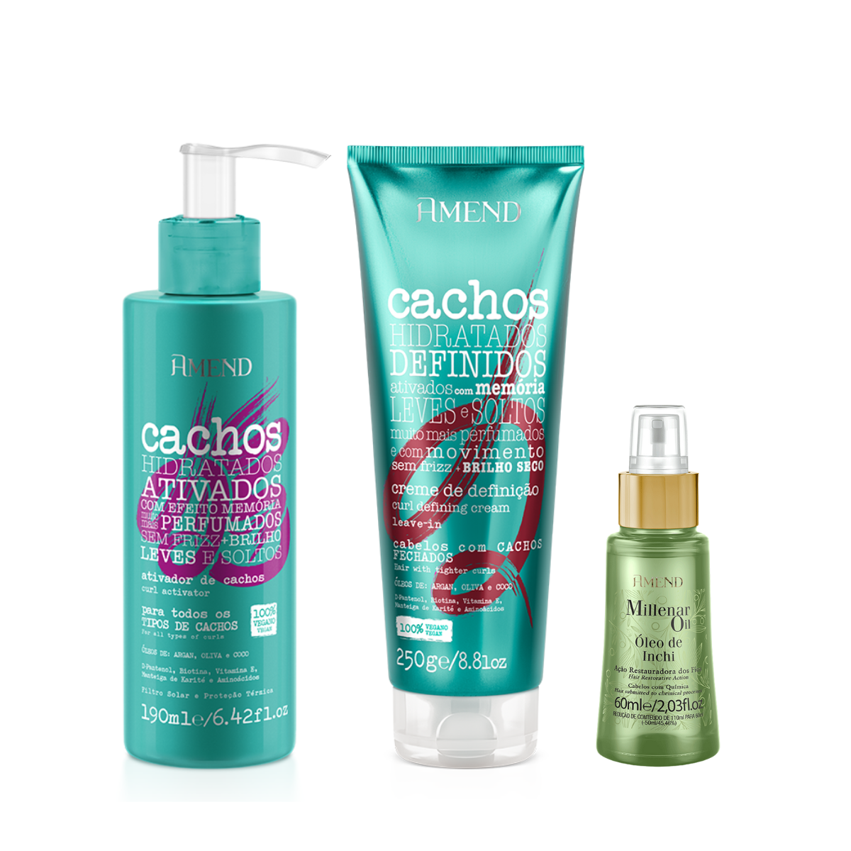 Amend Cachos Ativador de Cachos 190ml + Leave-in Cacheado 250ml + Millenar Oil Inchi 60ml ÚNICO 1